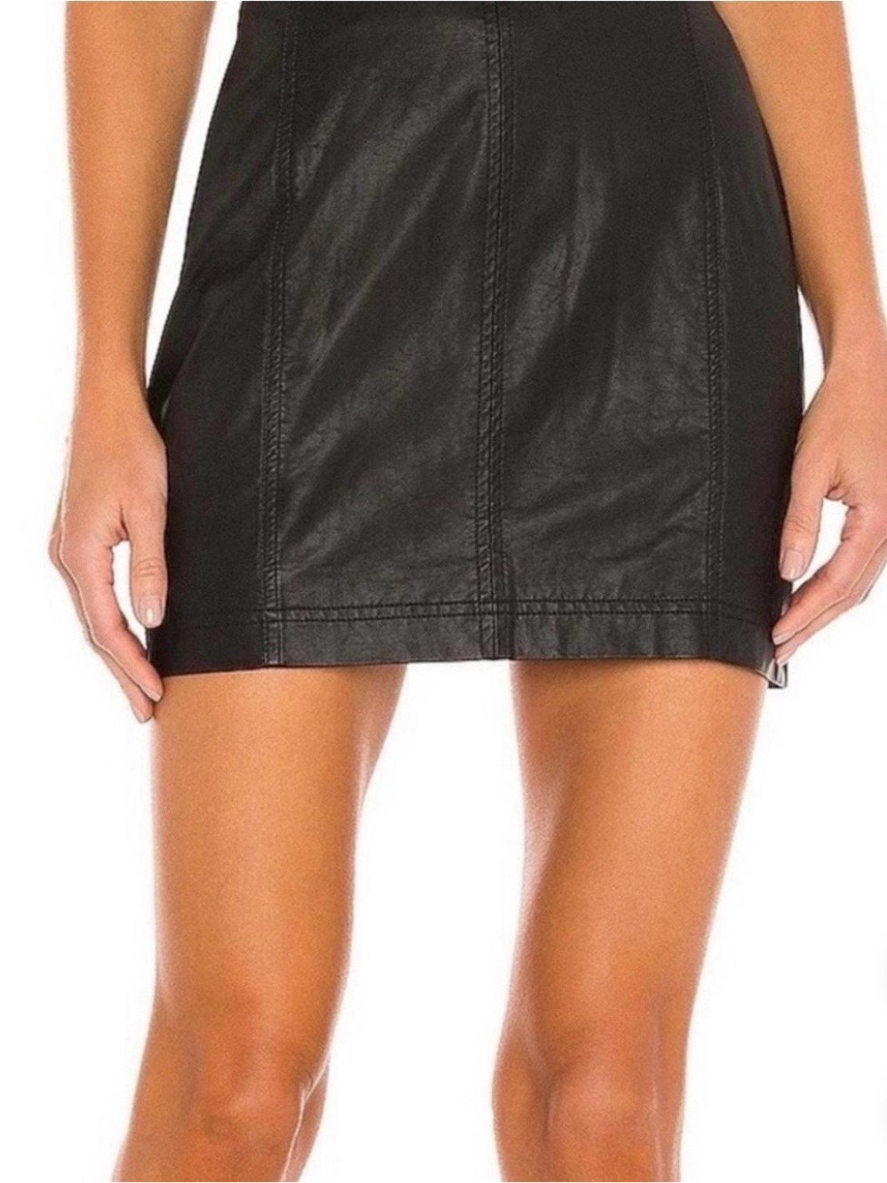 Free People Black Faux Leather Mini Skirt with Panel Stitching